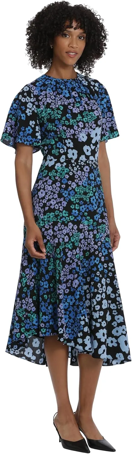 Maggy London Women's Short Flutter Sleeve Fit and Flare Dress with Asymmetric Hem Tier