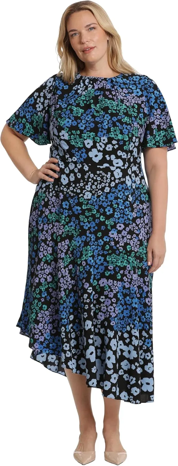 Maggy London Women's Short Flutter Sleeve Fit and Flare Dress with Asymmetric Hem Tier