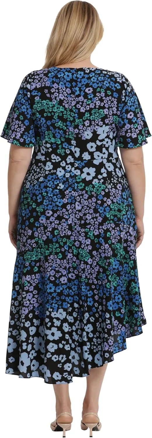 Maggy London Women's Short Flutter Sleeve Fit and Flare Dress with Asymmetric Hem Tier