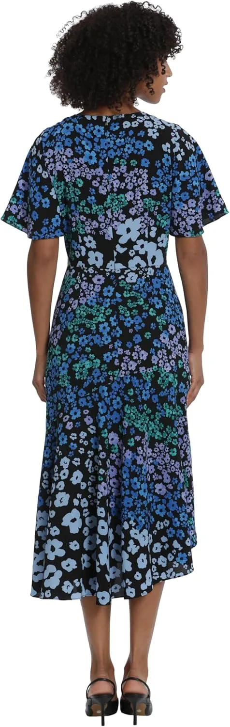 Maggy London Women's Short Flutter Sleeve Fit and Flare Dress with Asymmetric Hem Tier