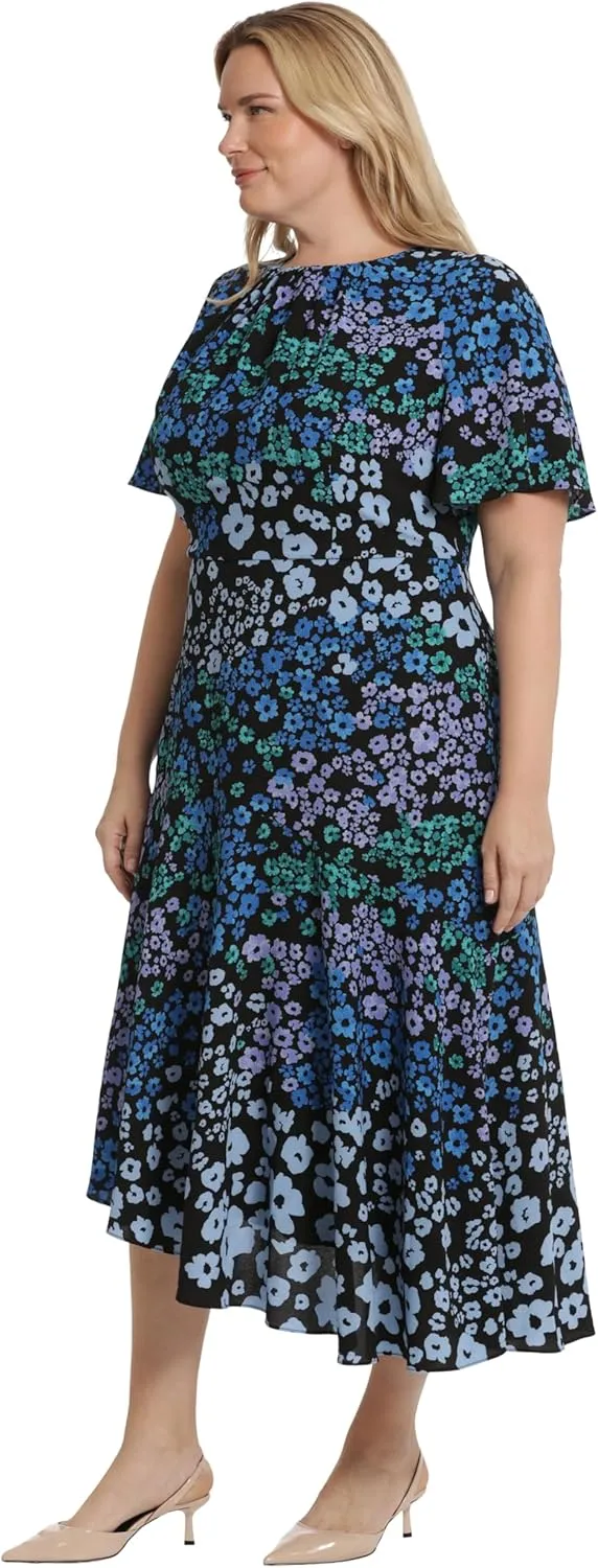 Maggy London Women's Short Flutter Sleeve Fit and Flare Dress with Asymmetric Hem Tier
