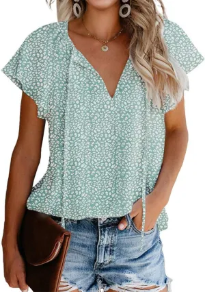 Mansy Women's Casual Floral Print V Neck Ruffle Short Sleeve Summer Shirts Tops Loose Blouses