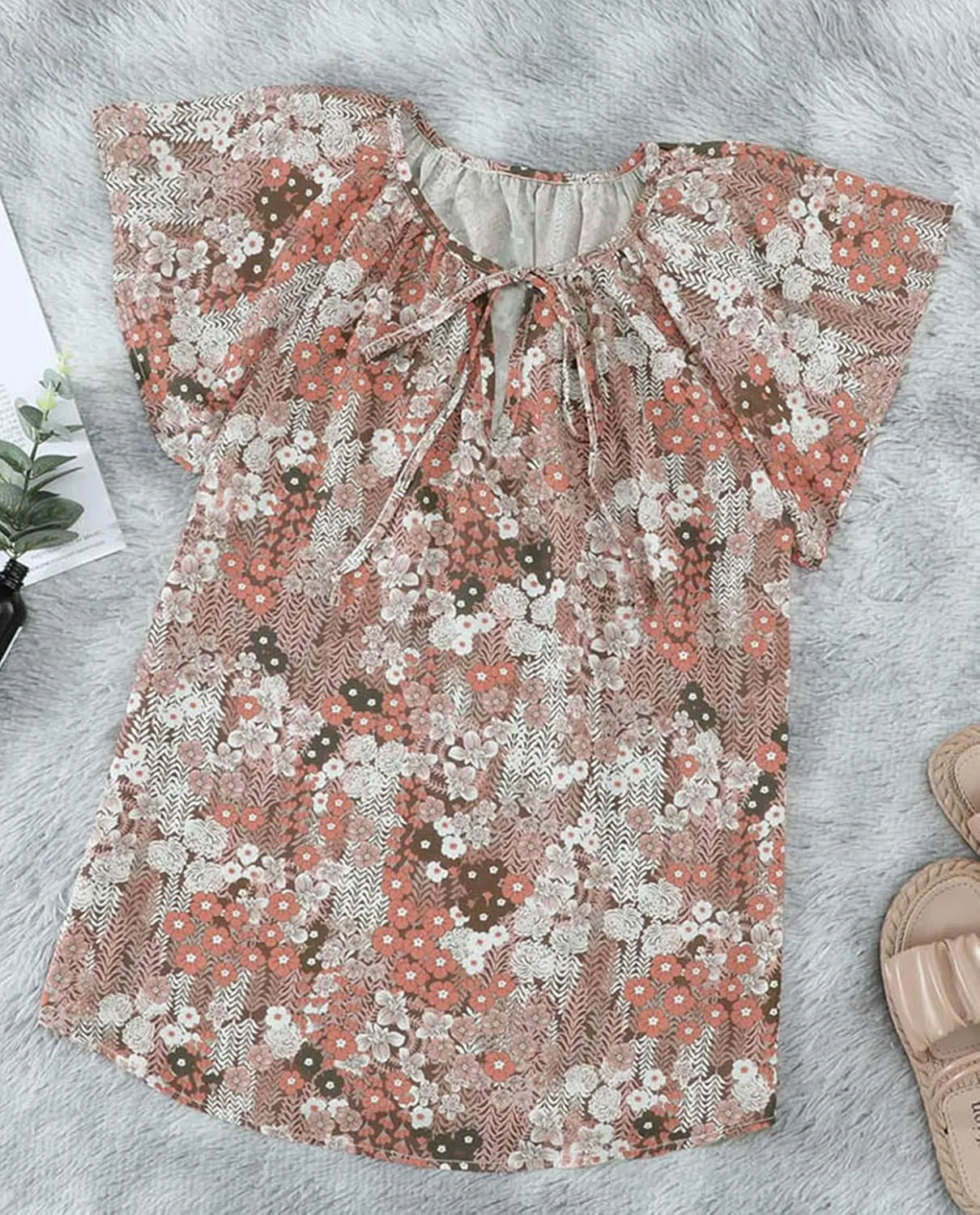 Mansy Women's Casual Floral Print V Neck Ruffle Short Sleeve Summer Shirts Tops Loose Blouses