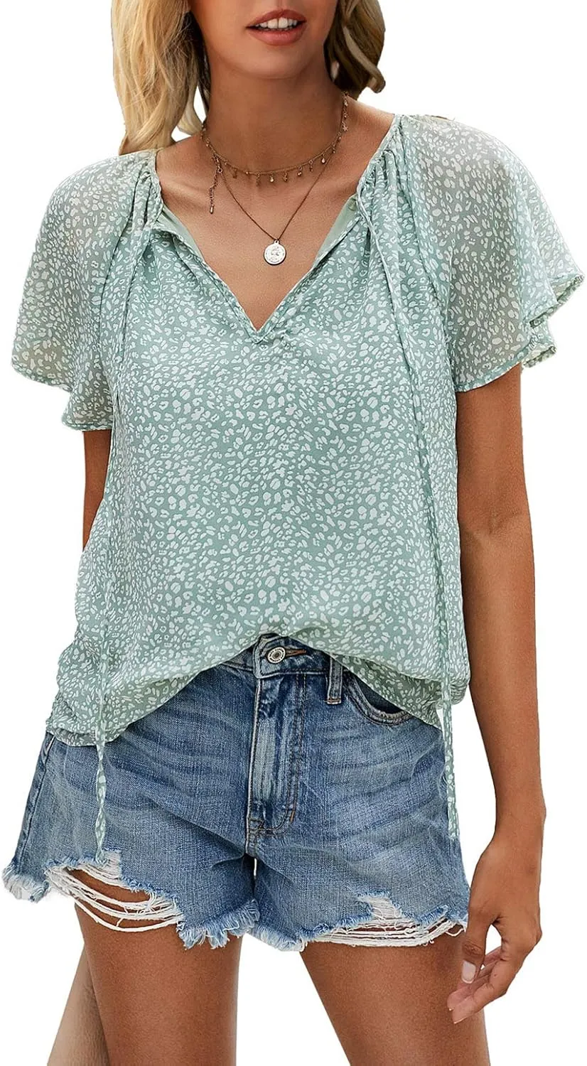 Mansy Women's Casual Floral Print V Neck Ruffle Short Sleeve Summer Shirts Tops Loose Blouses