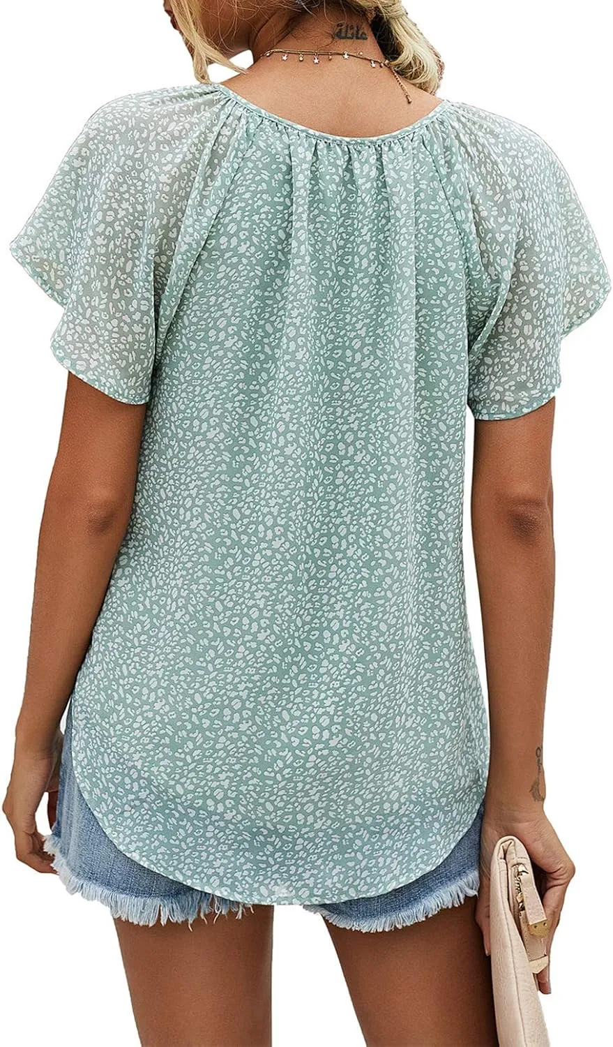 Mansy Women's Casual Floral Print V Neck Ruffle Short Sleeve Summer Shirts Tops Loose Blouses