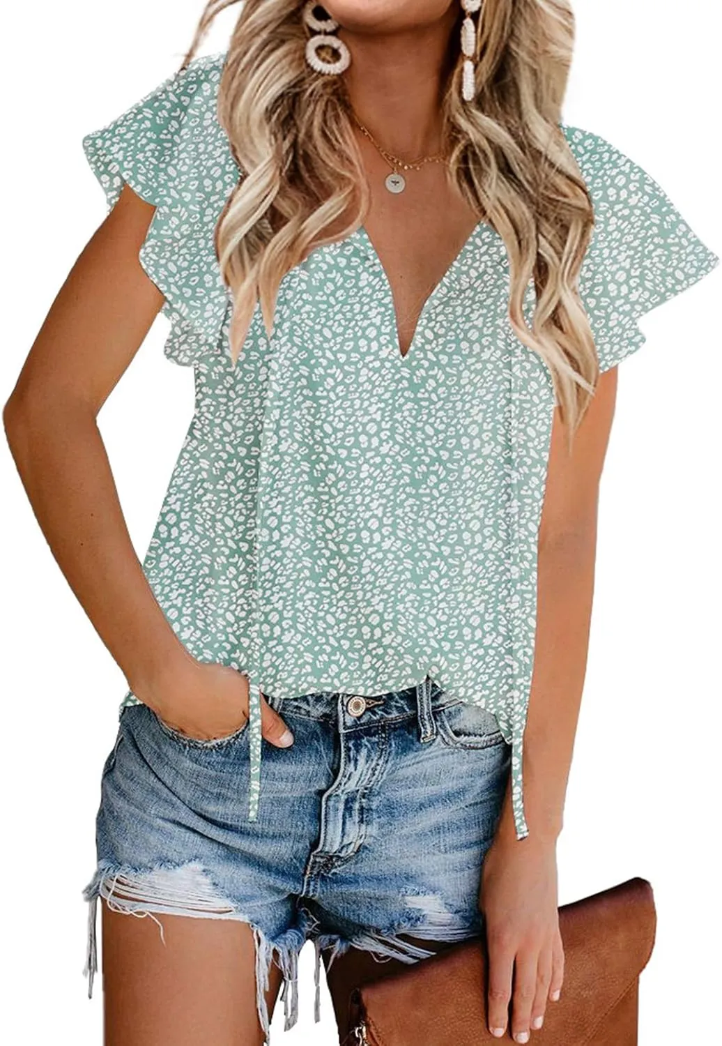 Mansy Women's Casual Floral Print V Neck Ruffle Short Sleeve Summer Shirts Tops Loose Blouses