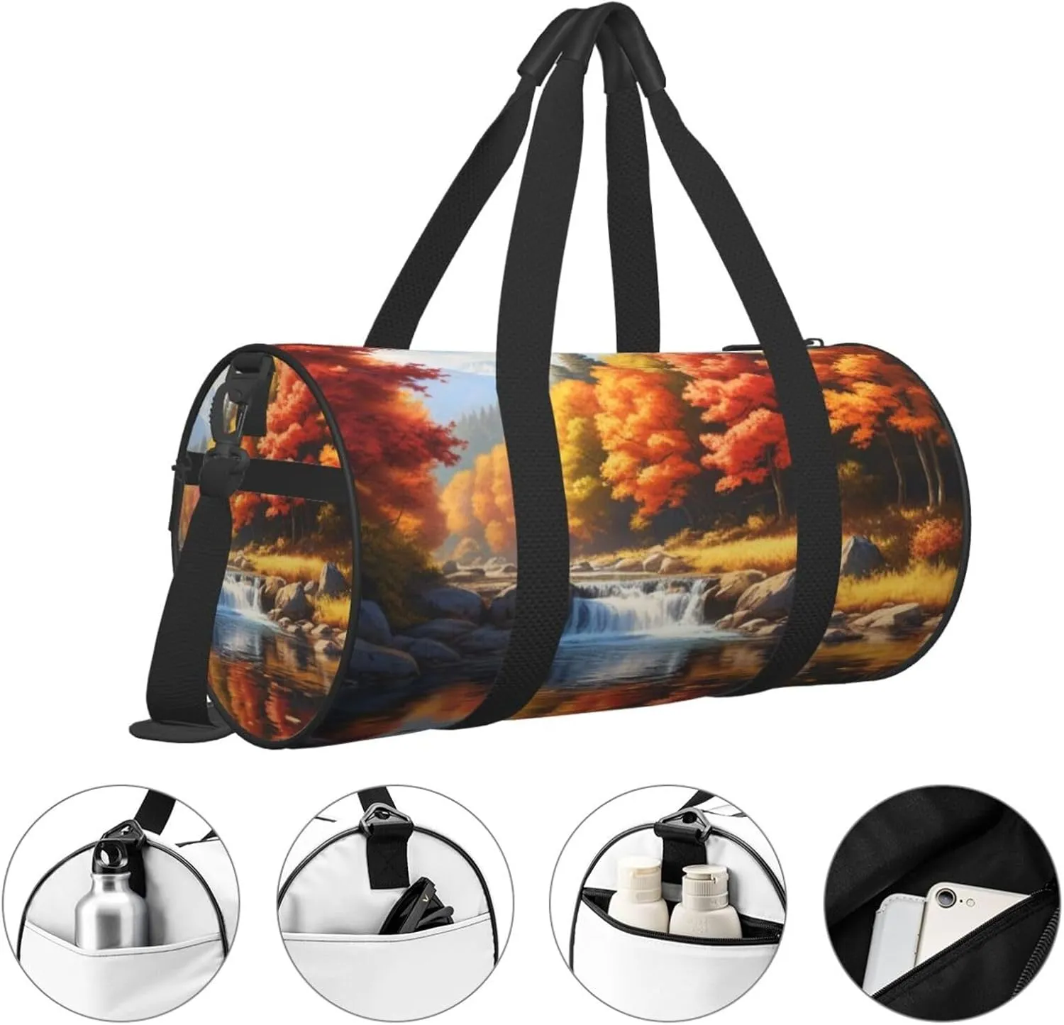 Maple Leaves Fall Scenery Printed Travel Bag,Round Personal Item Storage bag,Foldie Duffel Bag for Traveling Vacation,Fitness,Sports
