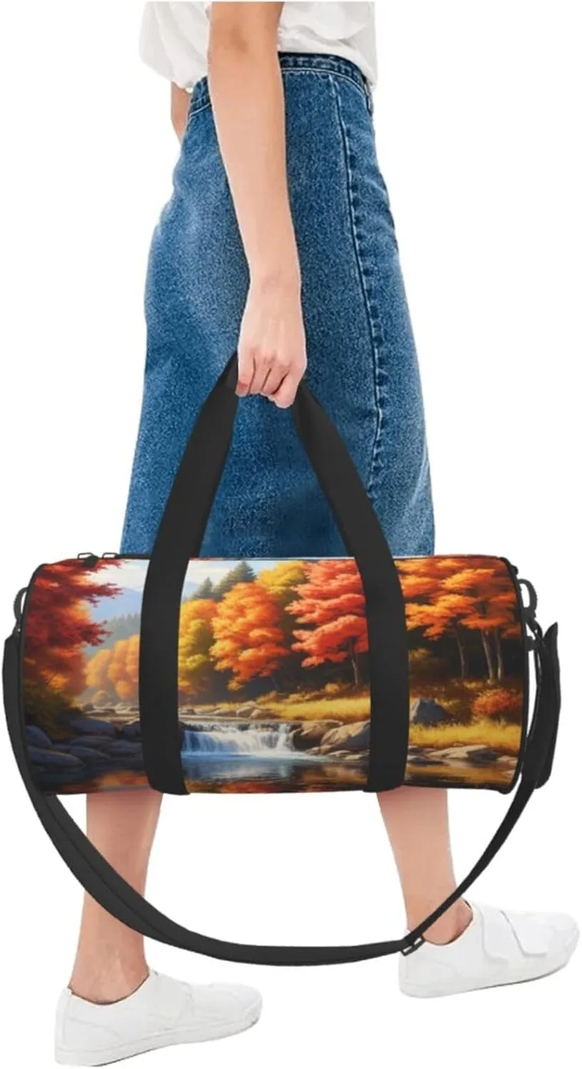 Maple Leaves Fall Scenery Printed Travel Bag,Round Personal Item Storage bag,Foldie Duffel Bag for Traveling Vacation,Fitness,Sports