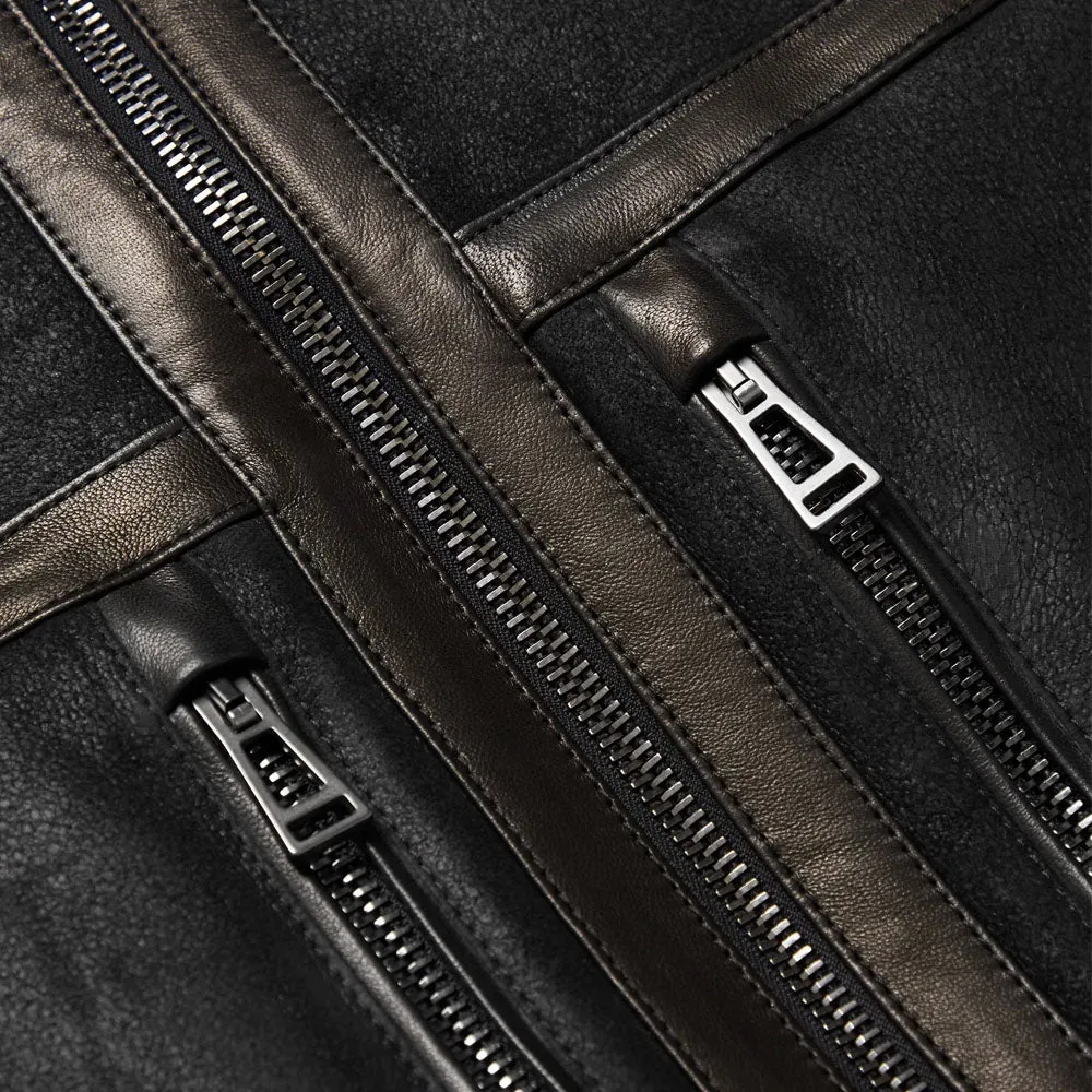 Men Black B3 Sheepskin Shearling Flying Trimmed Leather Jacket