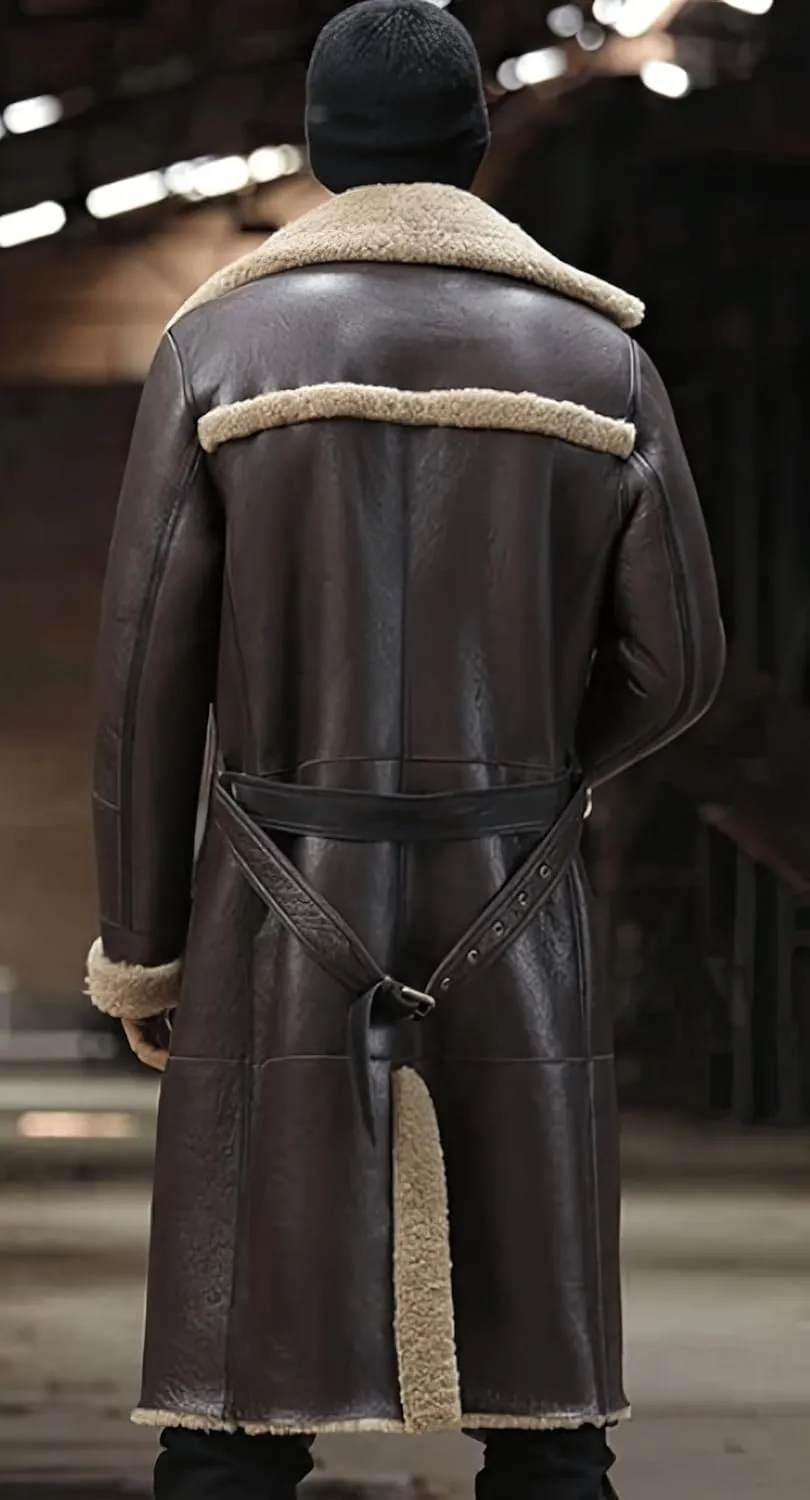 Mens Brown Genuine Sheepskin Leather Shearling Fur Lined Double Breasted Full Length Trench Coat - Classic Military Coat Men