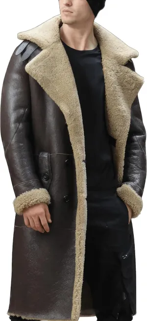 Mens Brown Genuine Sheepskin Leather Shearling Fur Lined Double Breasted Full Length Trench Coat - Classic Military Coat Men
