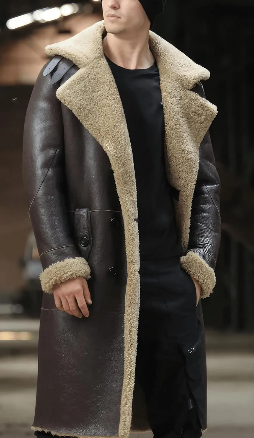 Mens Brown Genuine Sheepskin Leather Shearling Fur Lined Double Breasted Full Length Trench Coat - Classic Military Coat Men