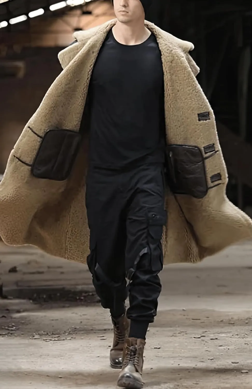 Mens Brown Genuine Sheepskin Leather Shearling Fur Lined Double Breasted Full Length Trench Coat - Classic Military Coat Men