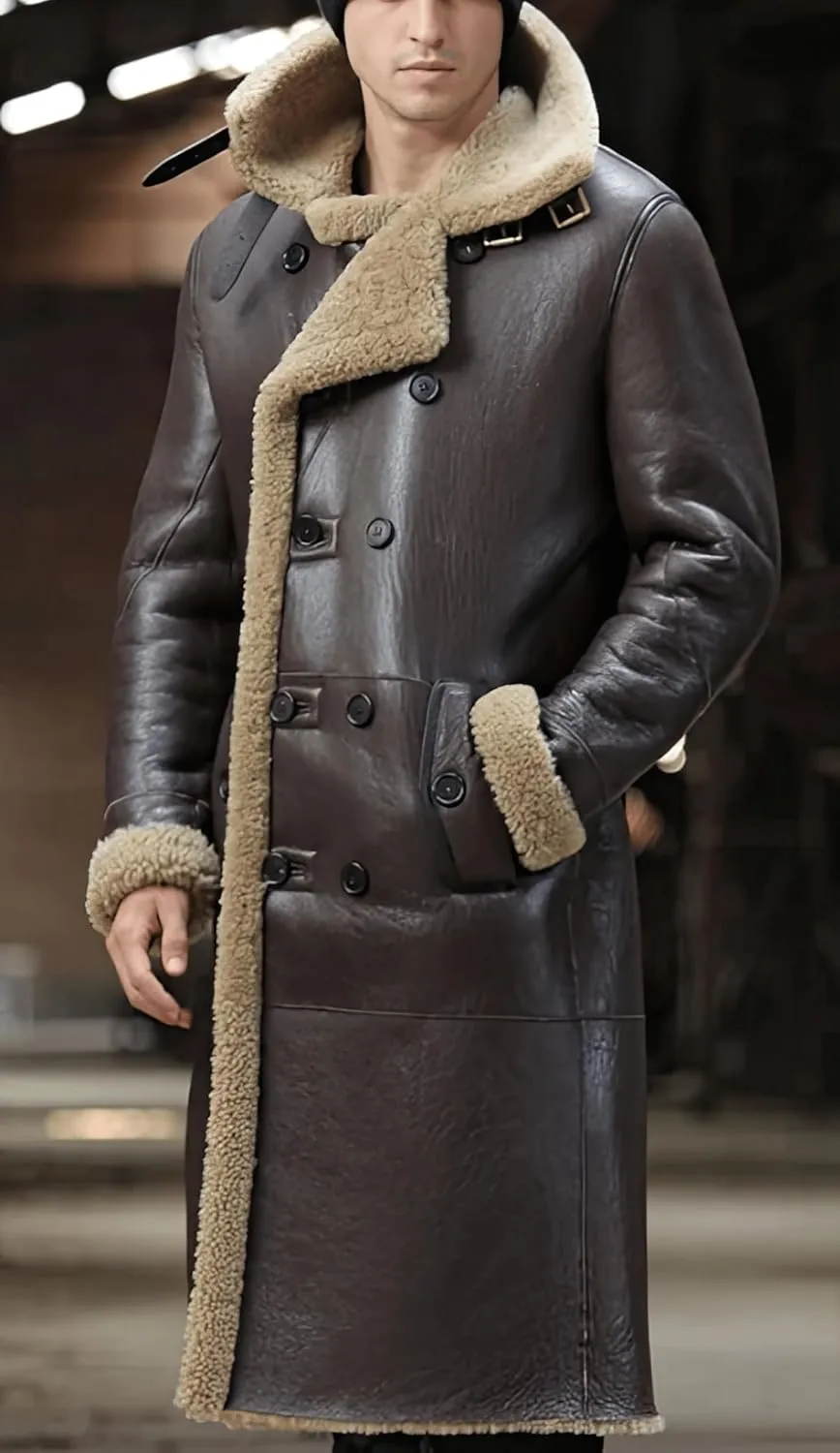 Mens Brown Genuine Sheepskin Leather Shearling Fur Lined Double Breasted Full Length Trench Coat - Classic Military Coat Men