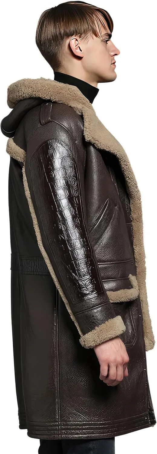 Men’s Brown Genuine Sheepskin Leather Shearling Fur Lined Hooded Trench Coat - Winter Warm Uniform Military Coat For Men