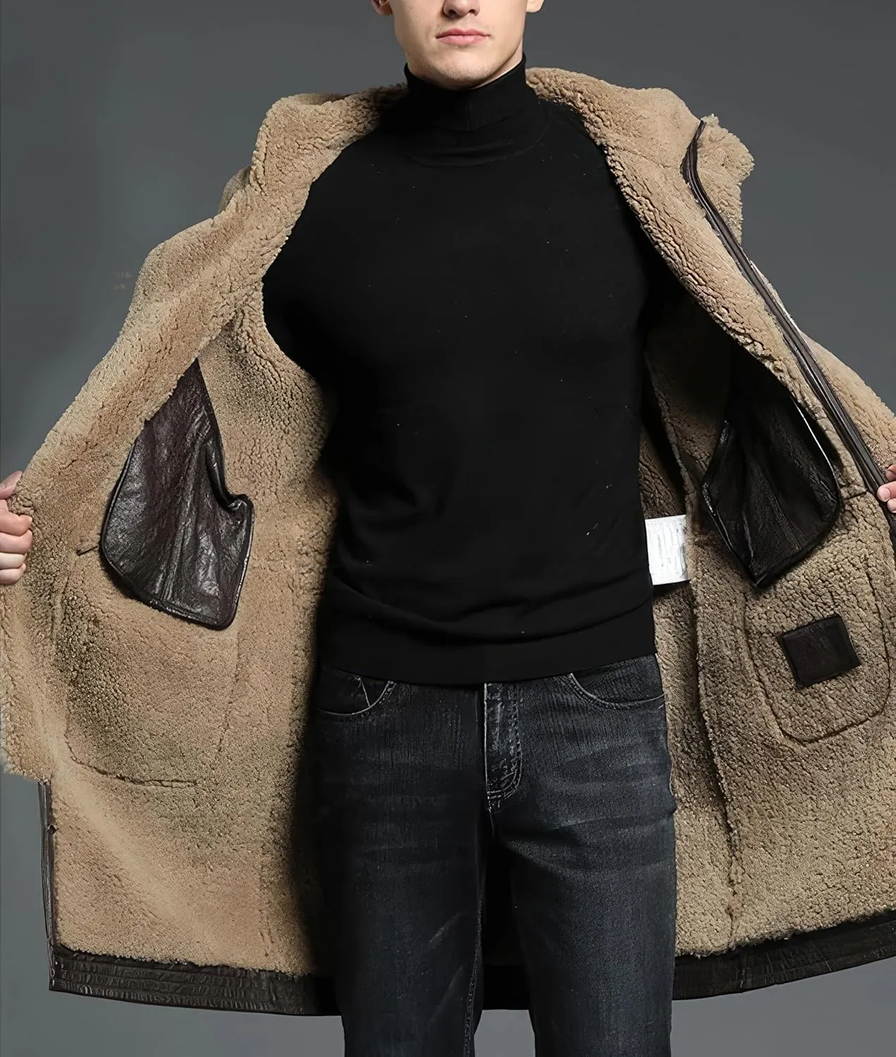Men’s Brown Genuine Sheepskin Leather Shearling Fur Lined Hooded Trench Coat - Winter Warm Uniform Military Coat For Men