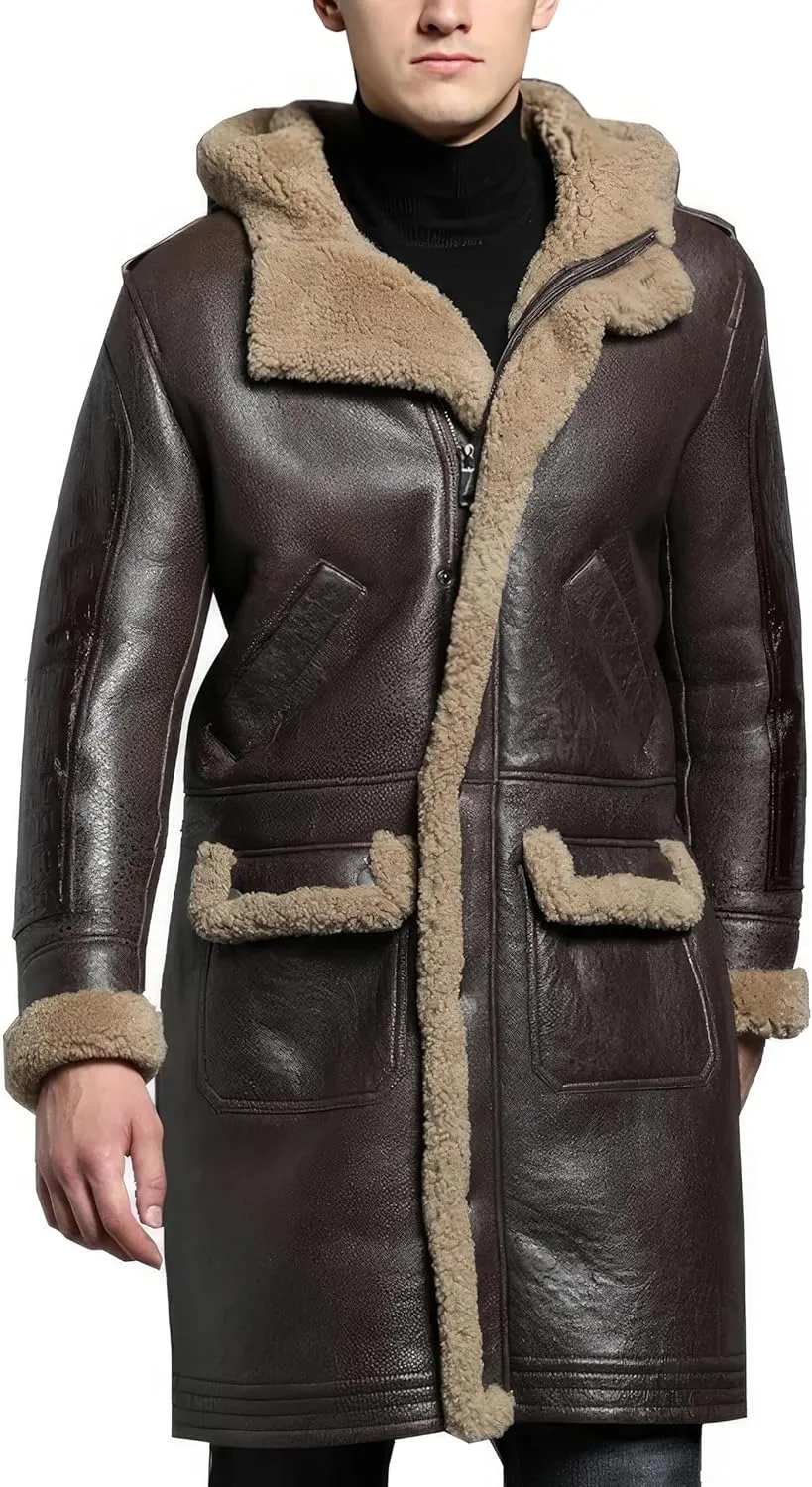 Men’s Brown Genuine Sheepskin Leather Shearling Fur Lined Hooded Trench Coat - Winter Warm Uniform Military Coat For Men