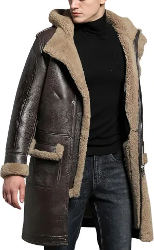 Men’s Brown Genuine Sheepskin Leather Shearling Fur Lined Hooded Trench Coat - Winter Warm Uniform Military Coat For Men