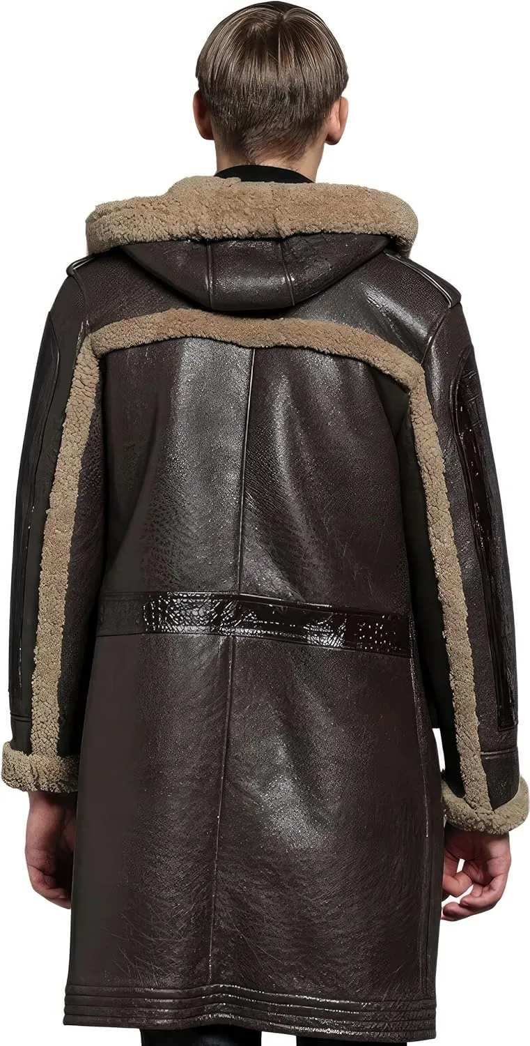 Men’s Brown Genuine Sheepskin Leather Shearling Fur Lined Hooded Trench Coat - Winter Warm Uniform Military Coat For Men