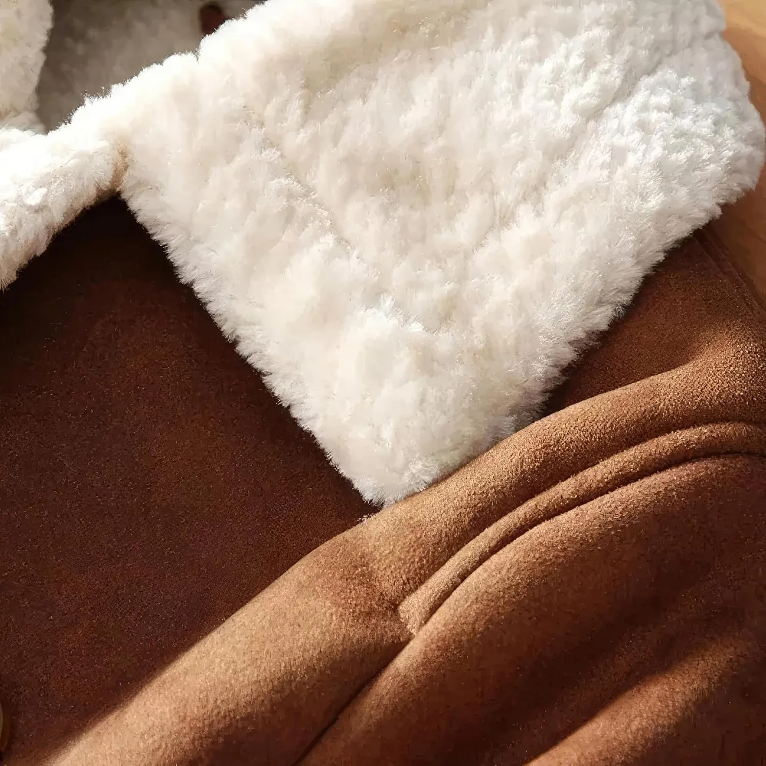 Men’s Brown Suede Sherpa Shearling Faux Fur Lined Double Breasted Winter Warm Classic Aviator Trench Coat Men