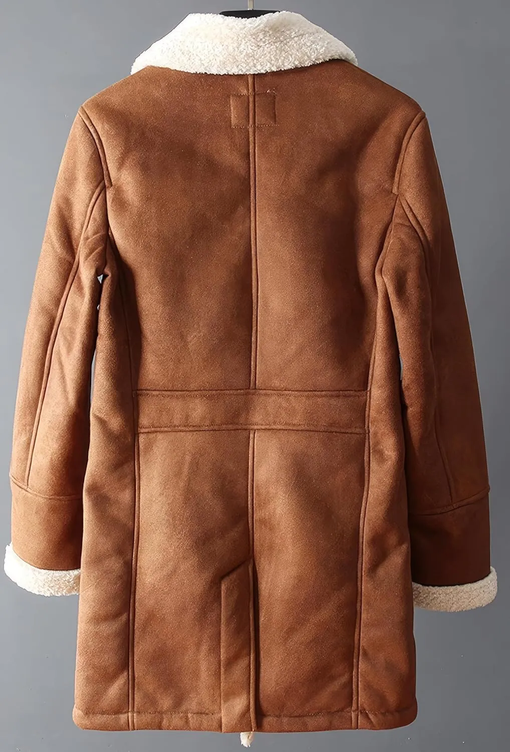 Men’s Brown Suede Sherpa Shearling Faux Fur Lined Double Breasted Winter Warm Classic Aviator Trench Coat Men