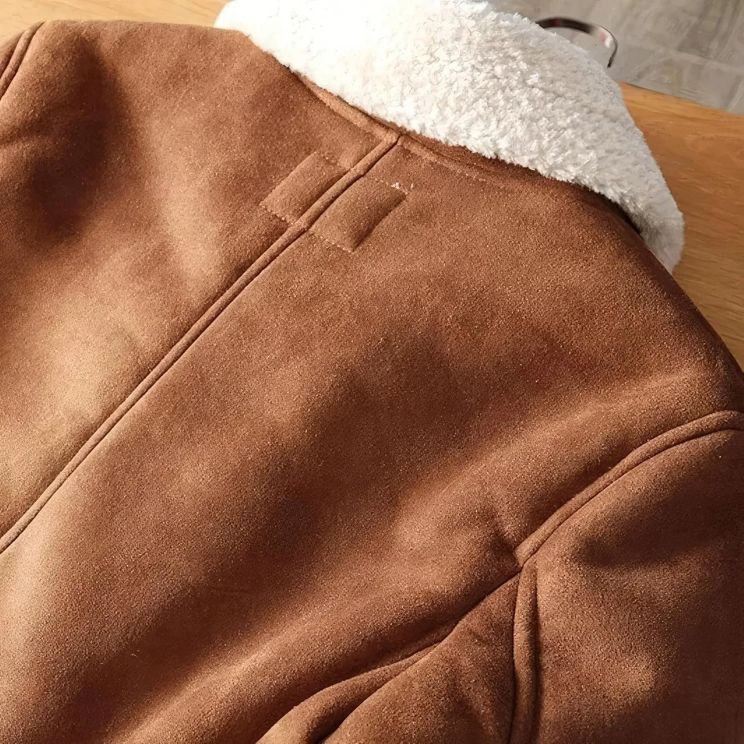 Men’s Brown Suede Sherpa Shearling Faux Fur Lined Double Breasted Winter Warm Classic Aviator Trench Coat Men