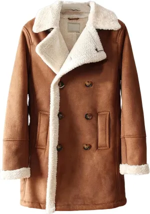 Men’s Brown Suede Sherpa Shearling Faux Fur Lined Double Breasted Winter Warm Classic Aviator Trench Coat Men