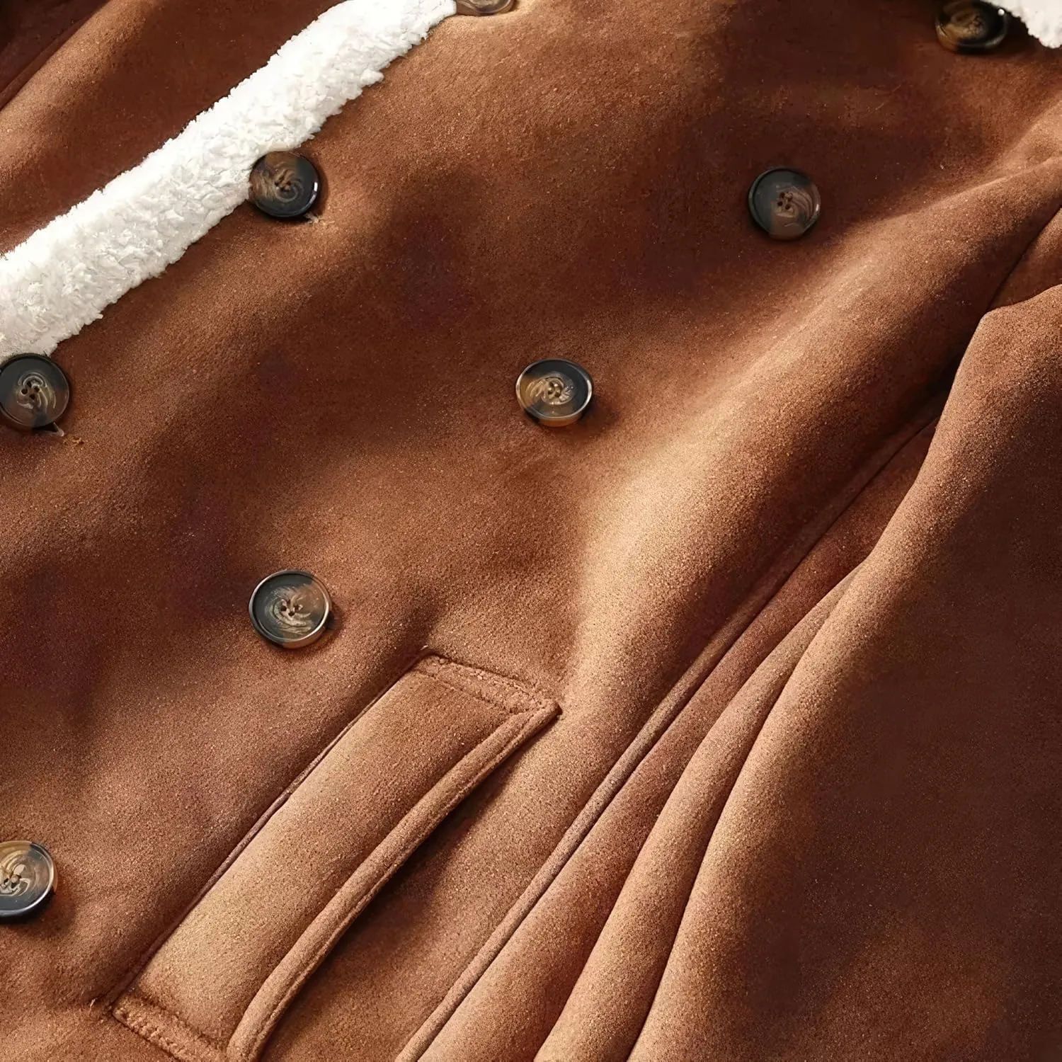 Men’s Brown Suede Sherpa Shearling Faux Fur Lined Double Breasted Winter Warm Classic Aviator Trench Coat Men