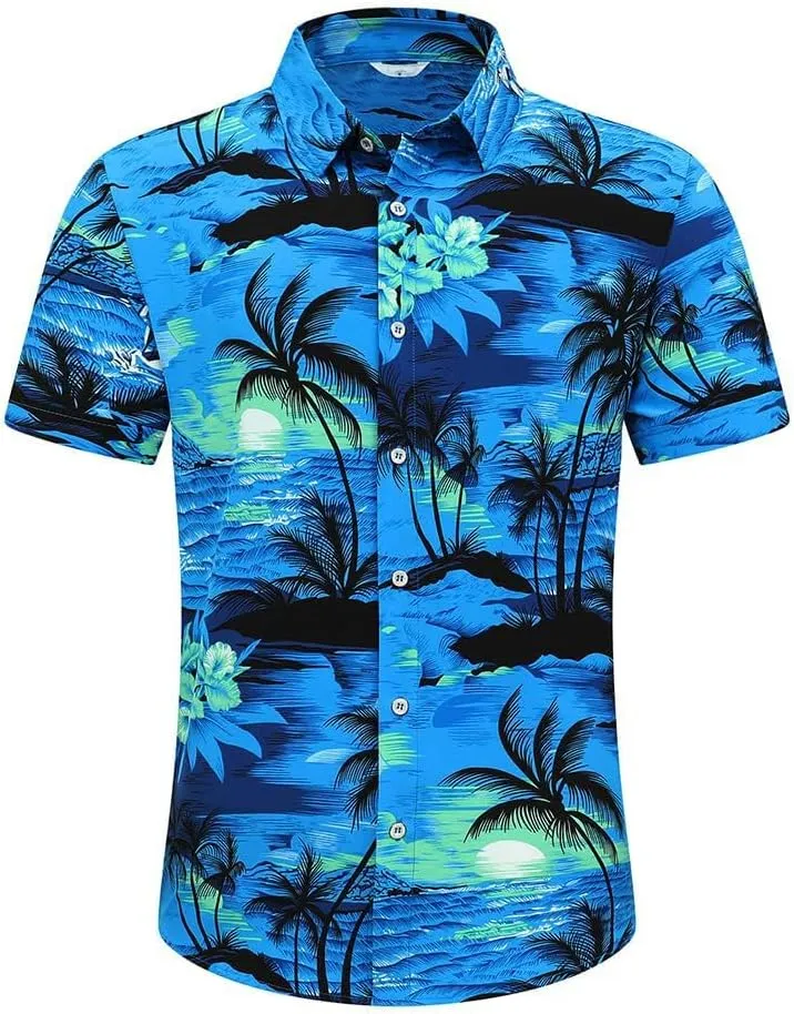 Men's Hawaiian Shirt Funky Blue Beach Printed Tropical Beach Shirt Casual Button Down Short Sleeve Floral Shirts Tops