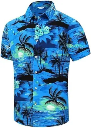 Men's Hawaiian Shirt Funky Blue Beach Printed Tropical Beach Shirt Casual Button Down Short Sleeve Floral Shirts Tops