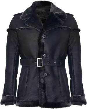 Men's Merino Black Snowtip Real Sheepskin Suede Leather Jacket with Tie Belt
