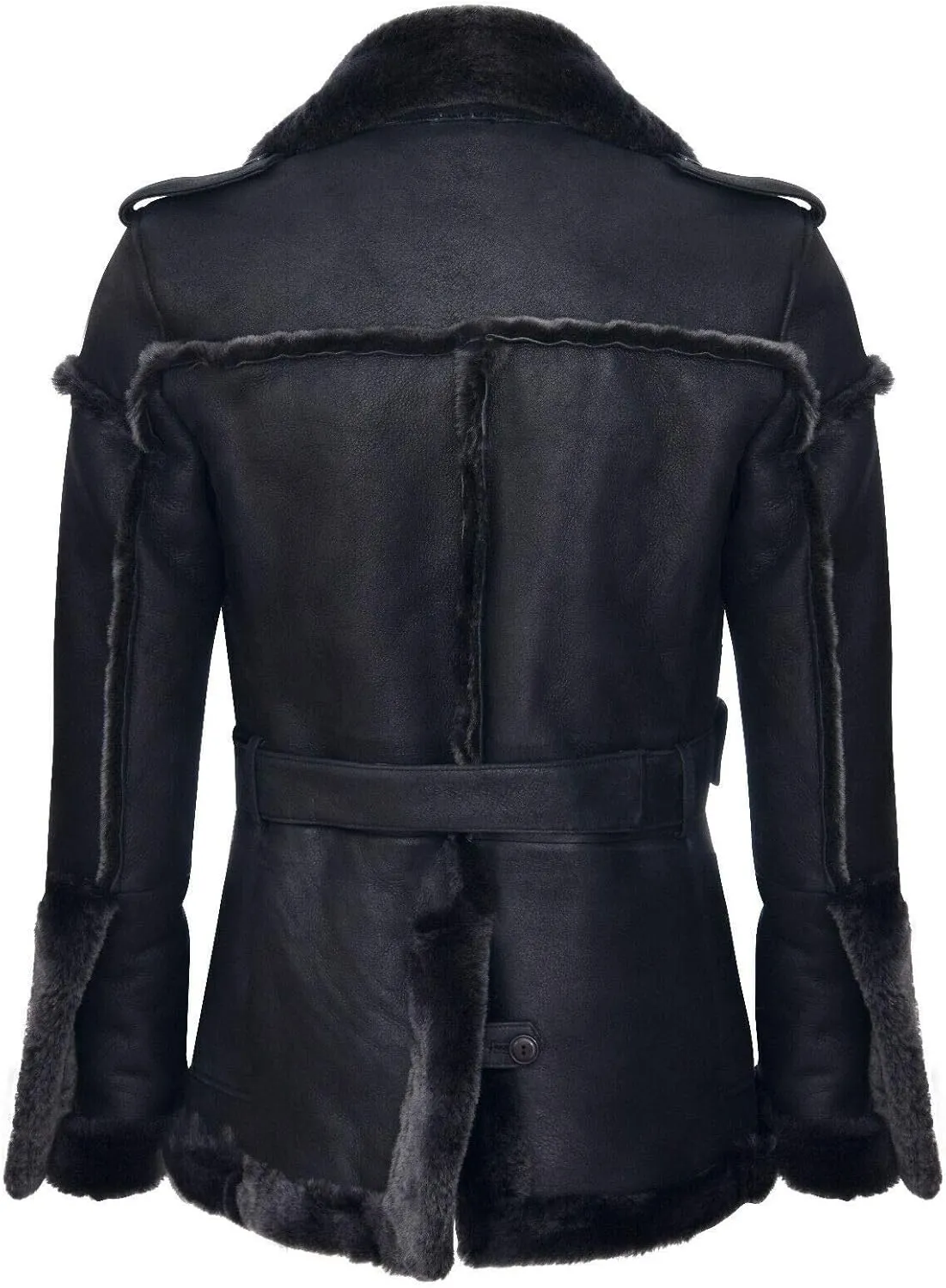 Men's Merino Black Snowtip Real Sheepskin Suede Leather Jacket with Tie Belt