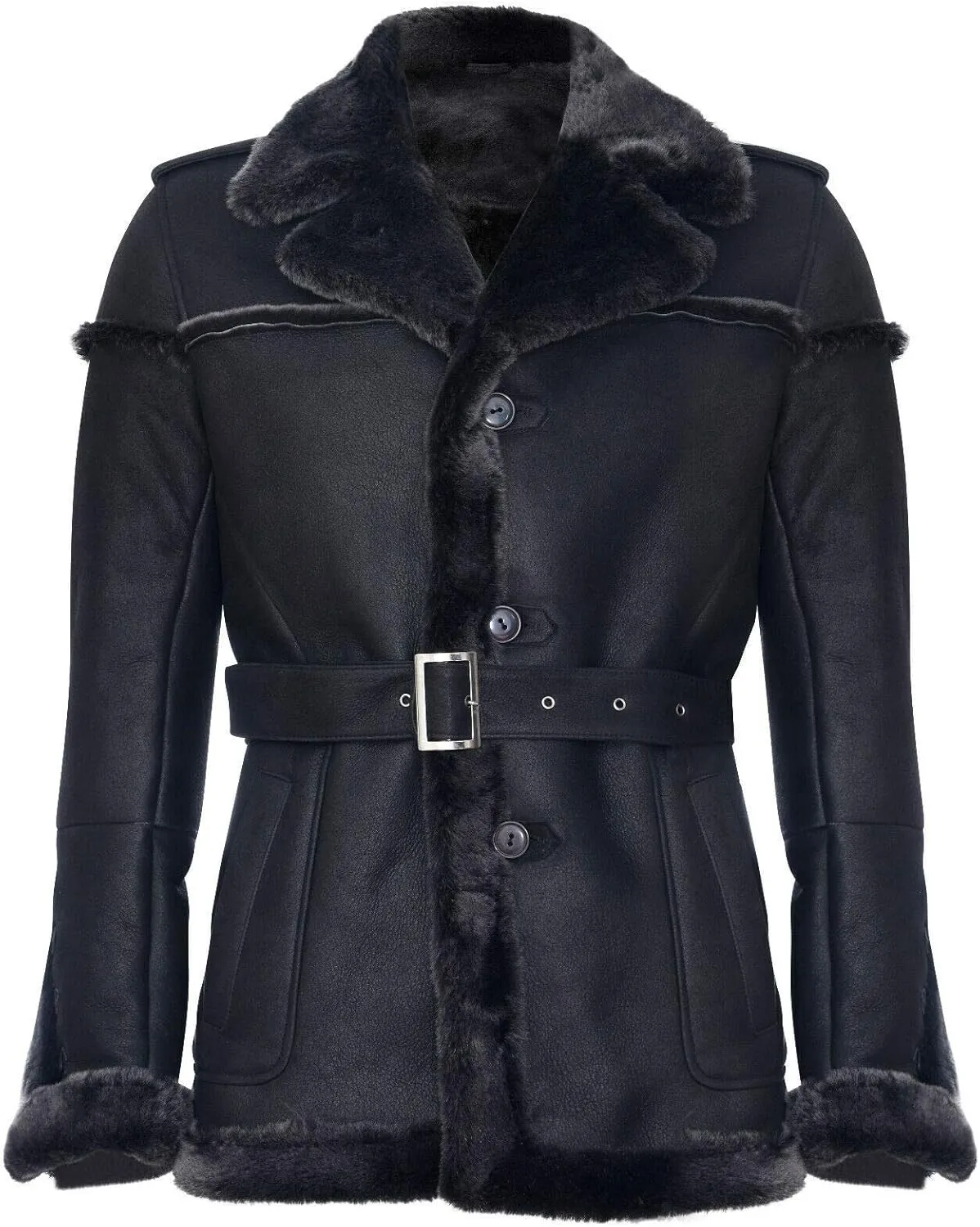 Men's Merino Black Snowtip Real Sheepskin Suede Leather Jacket with Tie Belt