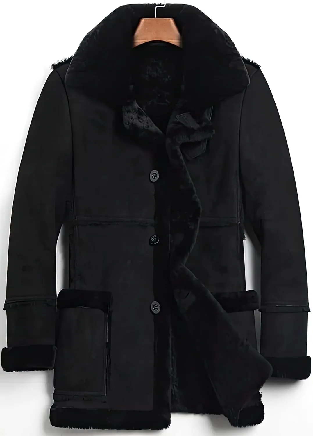Mens RAF Aviator Black Sheepskin Leather Faux Fur Single Breasted Coat - B3 Bomber Flying Pilot Mid Length Trench Coat Men