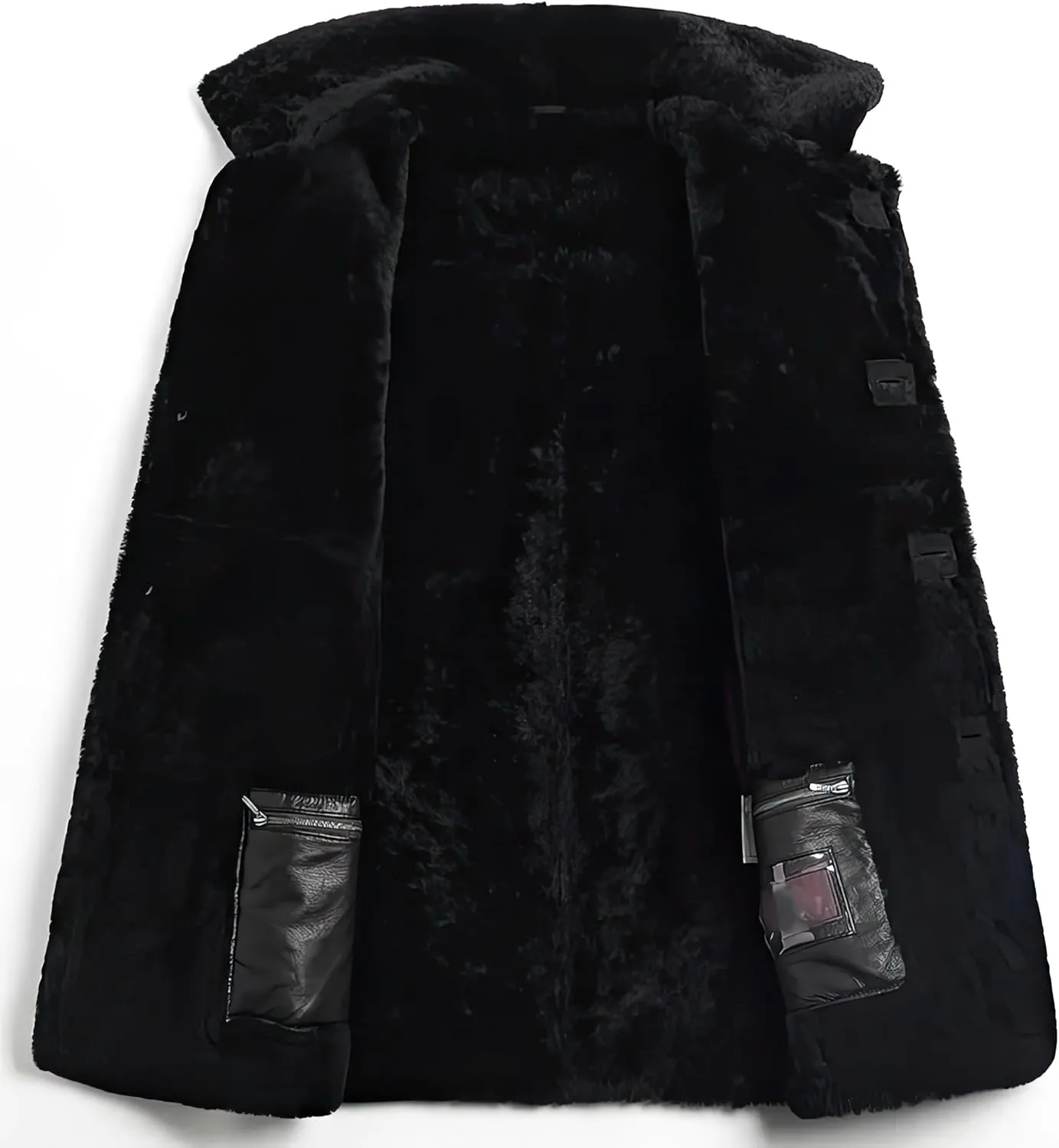 Mens RAF Aviator Black Sheepskin Leather Faux Fur Single Breasted Coat - B3 Bomber Flying Pilot Mid Length Trench Coat Men