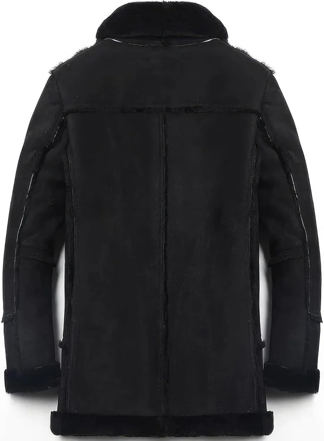 Mens RAF Aviator Black Sheepskin Leather Faux Fur Single Breasted Coat - B3 Bomber Flying Pilot Mid Length Trench Coat Men