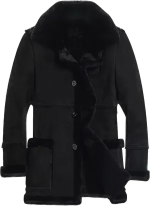 Mens RAF Aviator Black Sheepskin Leather Faux Fur Single Breasted Coat - B3 Bomber Flying Pilot Mid Length Trench Coat Men