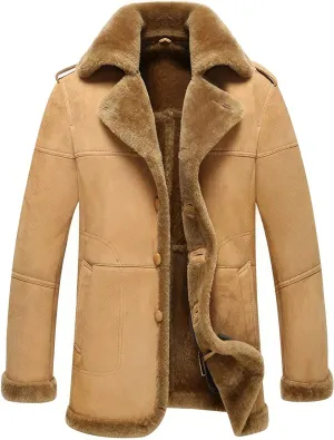 Mens RAF Aviator Brown Sheepskin Leather Faux Fur Single Breasted Coat - B3 Bomber Flying Pilot Mid Length Trench Coat Men
