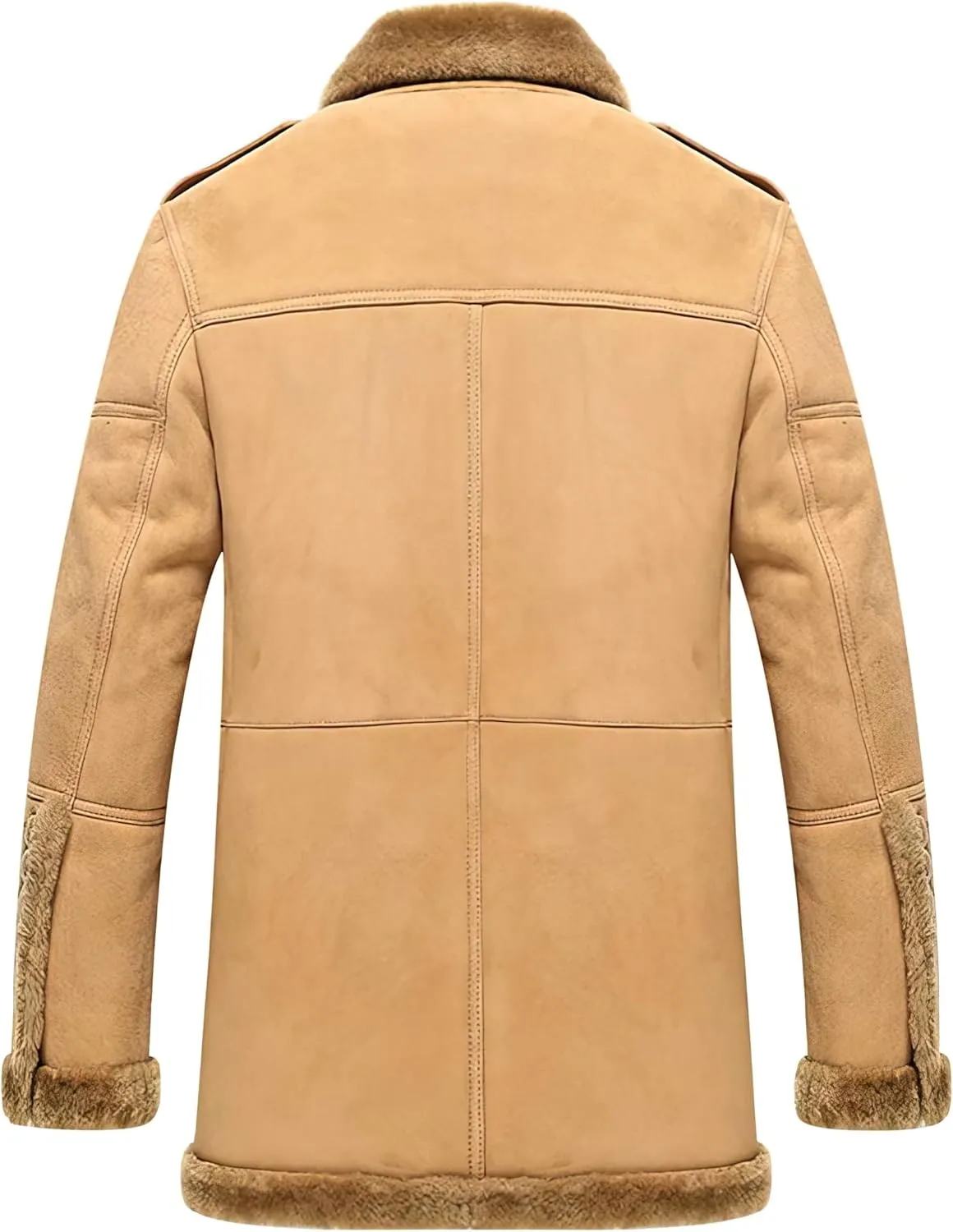 Mens RAF Aviator Brown Sheepskin Leather Faux Fur Single Breasted Coat - B3 Bomber Flying Pilot Mid Length Trench Coat Men