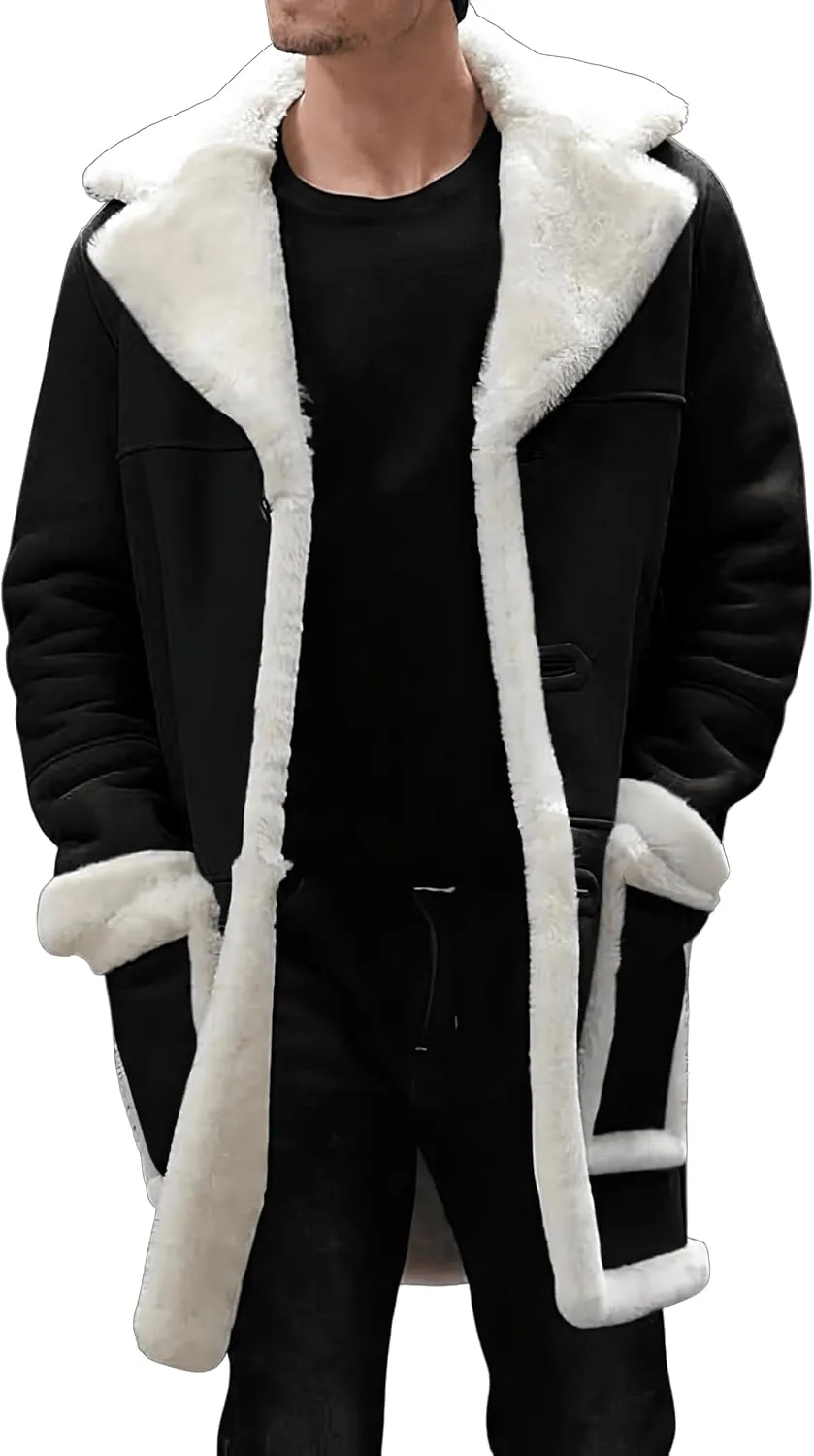 Mens RAF Aviator Genuine Sheepskin Shearling Single Breasted Leather Coat - Parka B3 Bomber Mid Length Trench Coat For Men