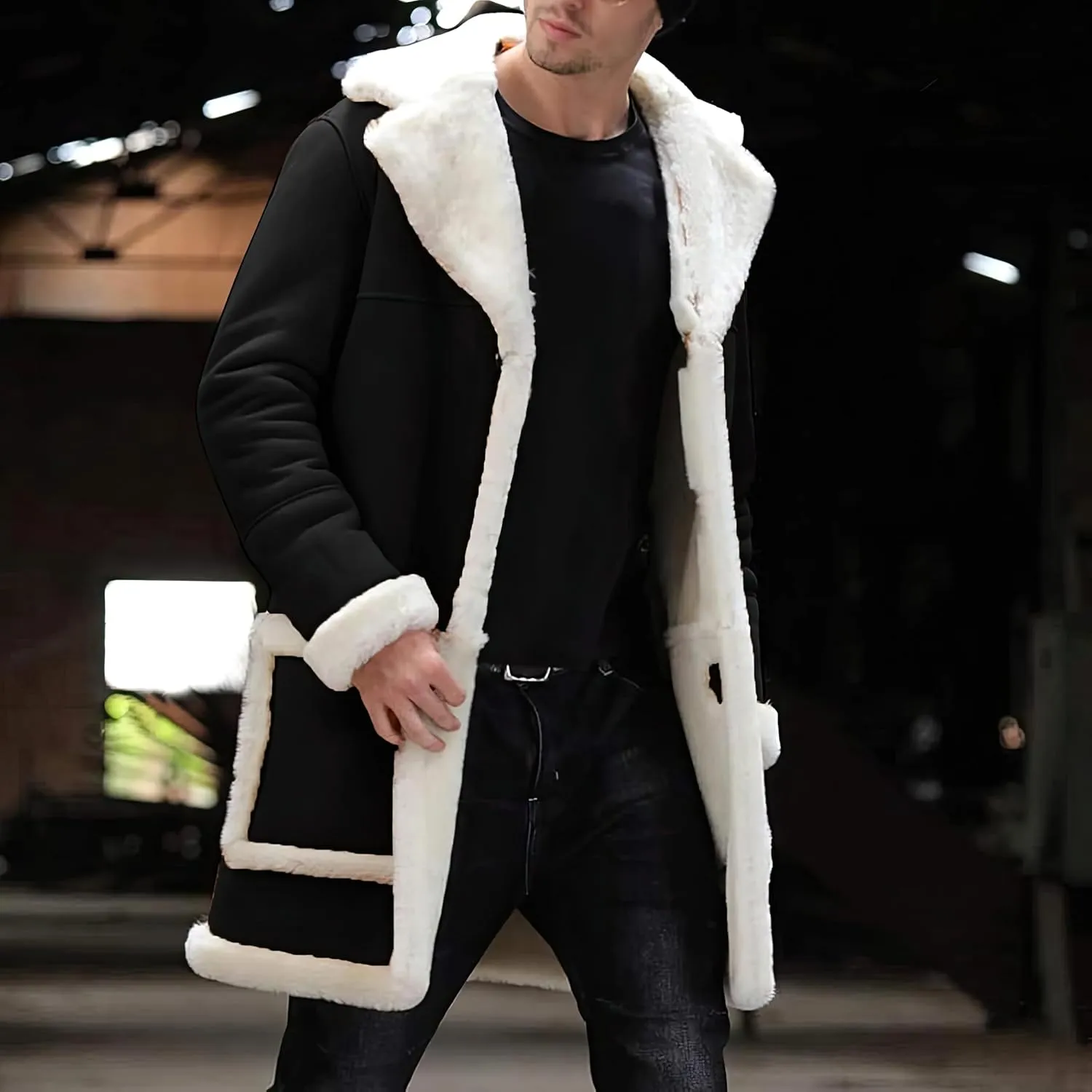 Mens RAF Aviator Genuine Sheepskin Shearling Single Breasted Leather Coat - Parka B3 Bomber Mid Length Trench Coat For Men