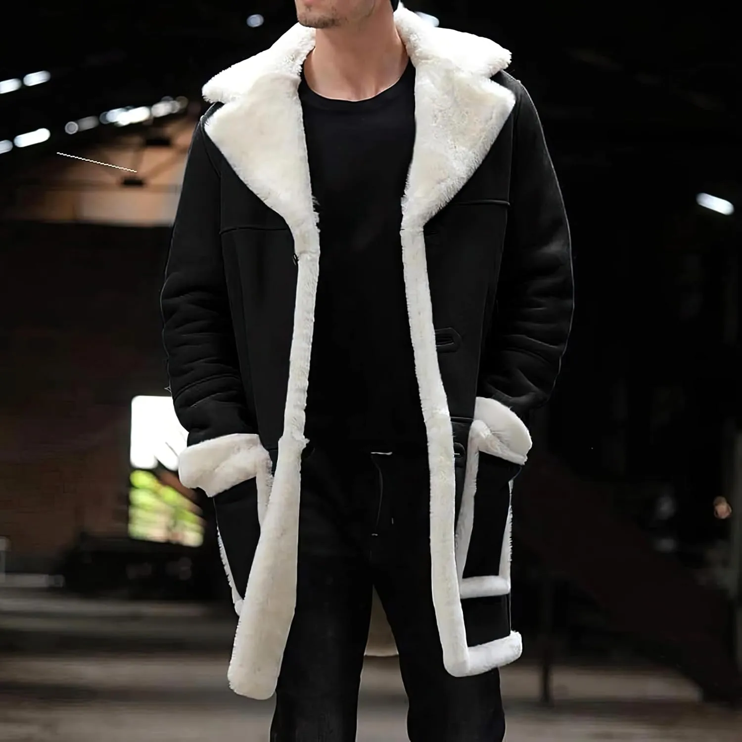 Mens RAF Aviator Genuine Sheepskin Shearling Single Breasted Leather Coat - Parka B3 Bomber Mid Length Trench Coat For Men