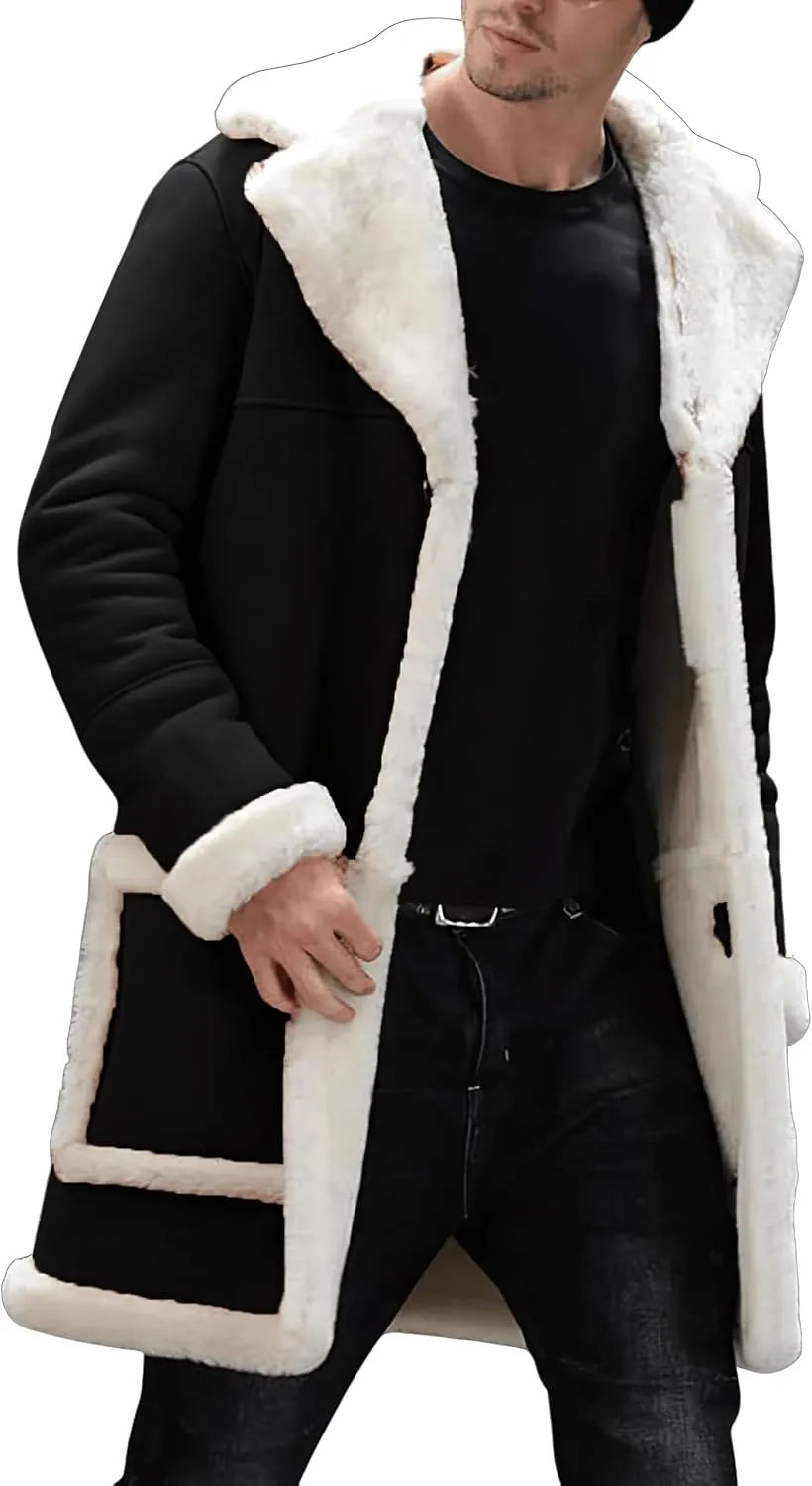 Mens RAF Aviator Genuine Sheepskin Shearling Single Breasted Leather Coat - Parka B3 Bomber Mid Length Trench Coat For Men