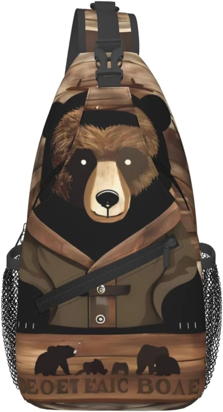 Men's Rustic Lodge Bear printed casual crossbody bag, chest bag, adjustable shoulder strap, suitable for daily travel