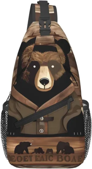 Men's Rustic Lodge Bear printed casual crossbody bag, chest bag, adjustable shoulder strap, suitable for daily travel