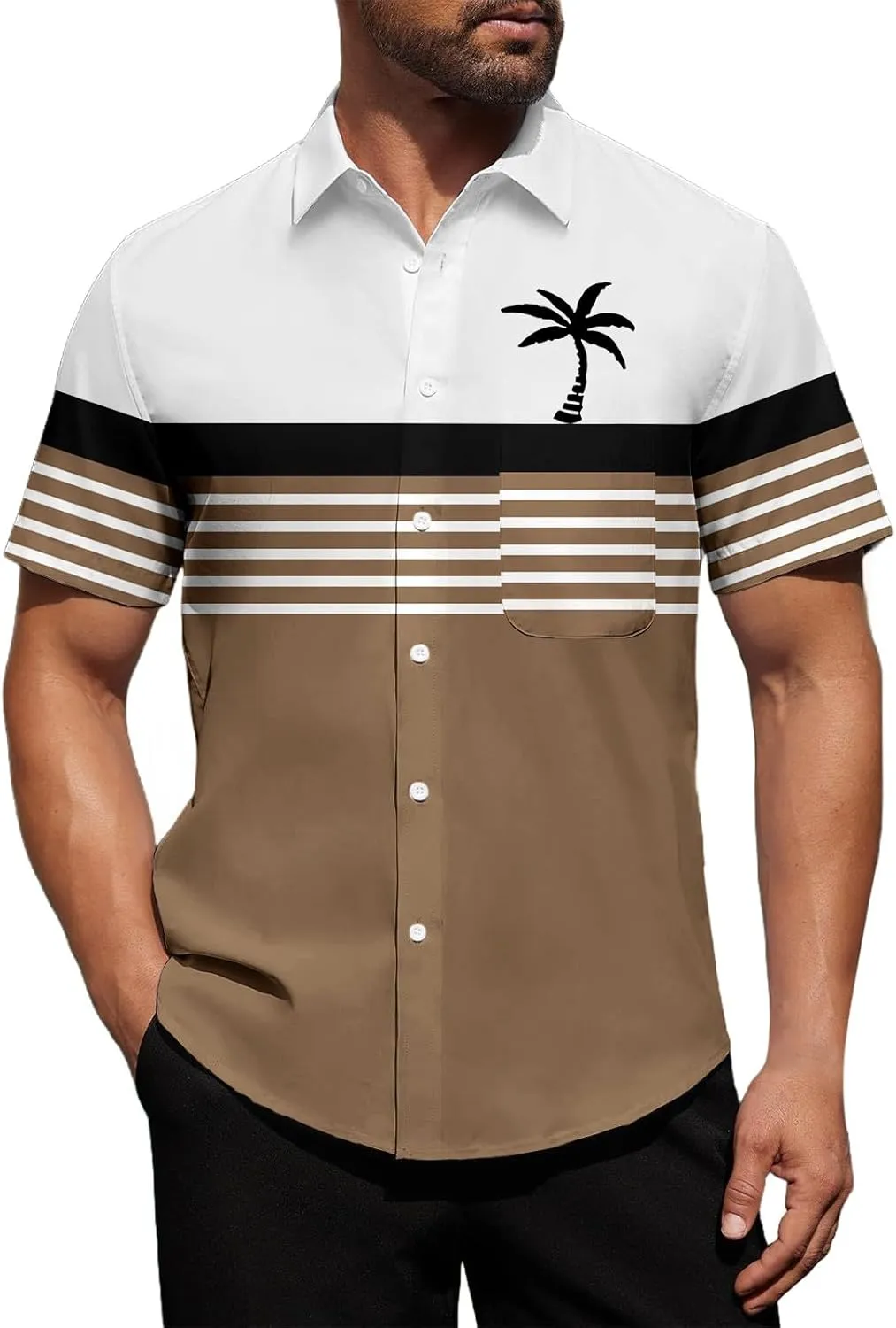 Mens Shirts Tropical Printed Short Sleeve Shirt Summer Coconut Tree T-Shirts Button Down Stand Collar Workout Tops