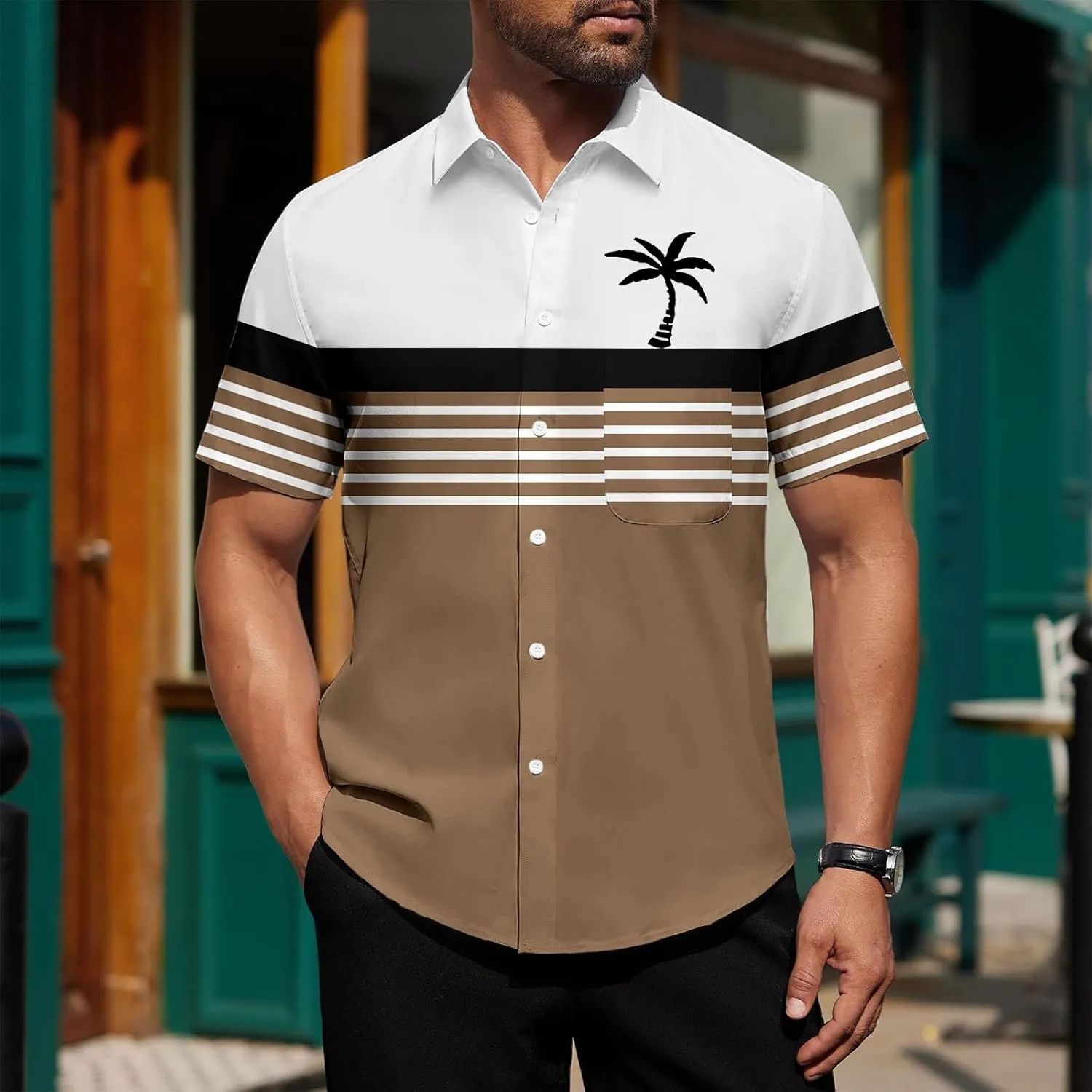 Mens Shirts Tropical Printed Short Sleeve Shirt Summer Coconut Tree T-Shirts Button Down Stand Collar Workout Tops