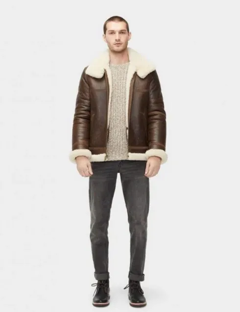 Men's White Fur Sheepskin Leather Jacket In Dark Brown