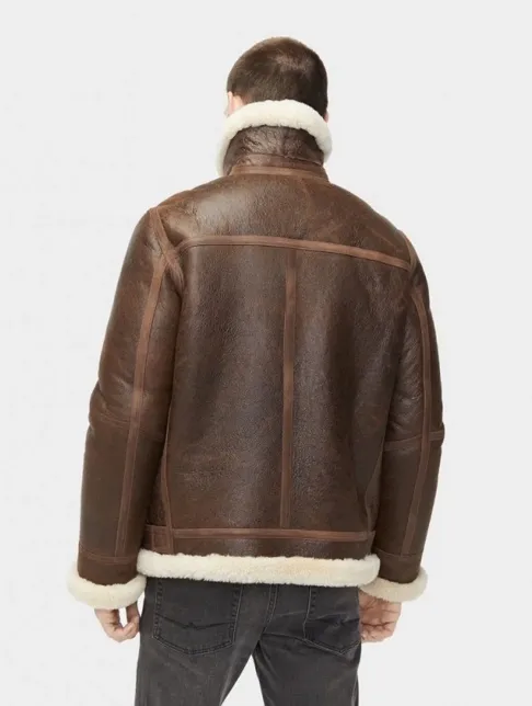 Men's White Fur Sheepskin Leather Jacket In Dark Brown