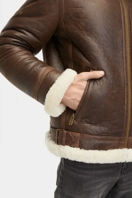 Men's White Fur Sheepskin Leather Jacket In Dark Brown